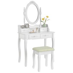 Toaletní stolek MIRA se zrcadlem, 4 zásuvky + taburet - bílá